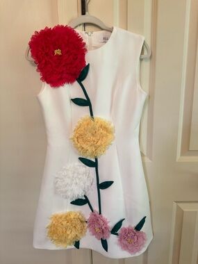 Elliatt White Kids Dress with Red, Yellow, Pink & White Floral Appliqués